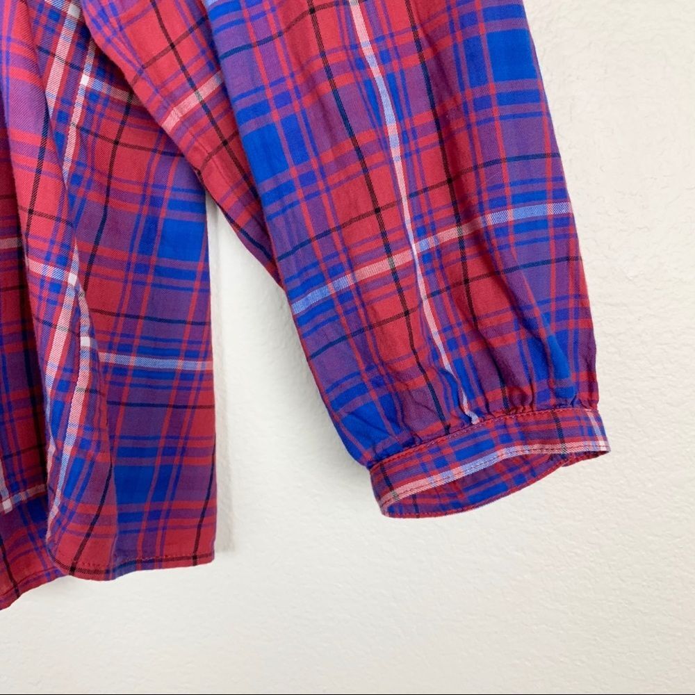 Madewell Red Blue Plaid Ruffle Button Down Shirt Womens Large - Picture 7 of 8